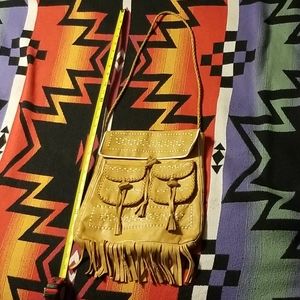 Vintage whipstitch fringe boho festival purse braided strap